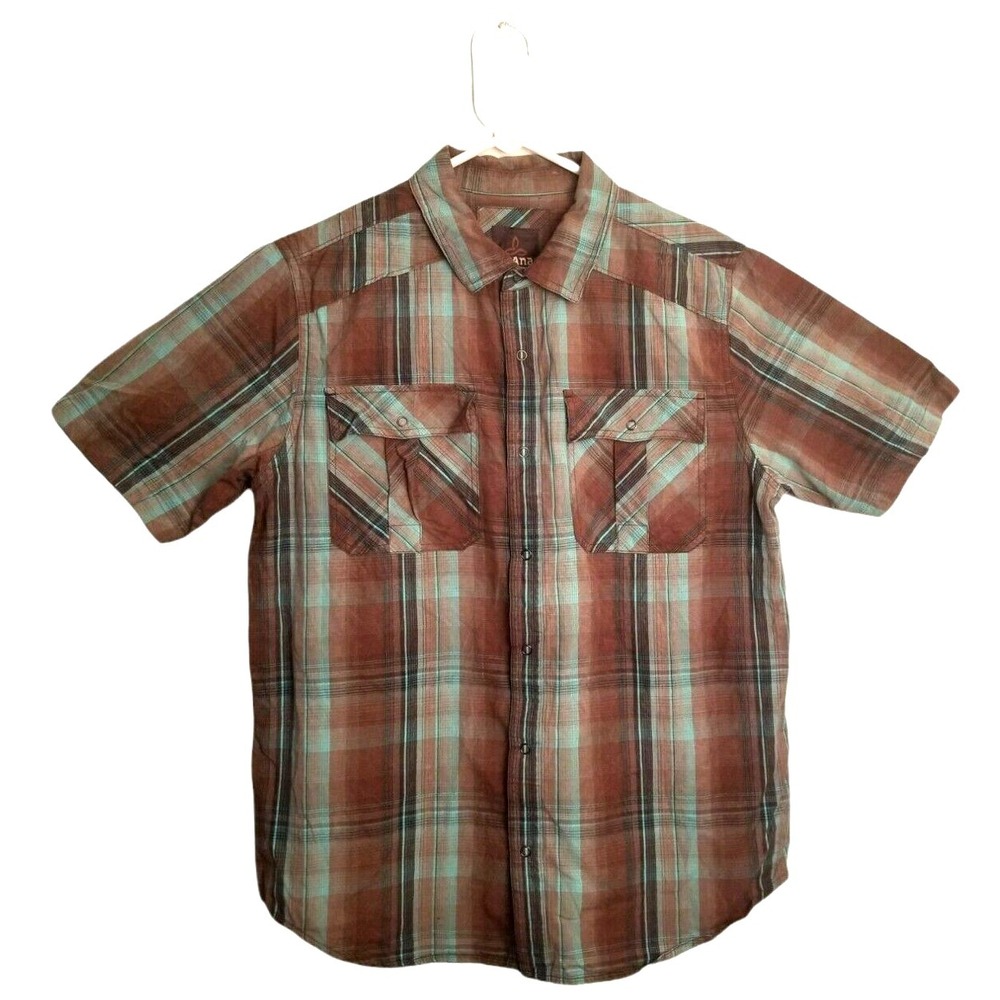 Prana Snap Button Shirt Men's Size M, PIT TO PIT 22,  brown green